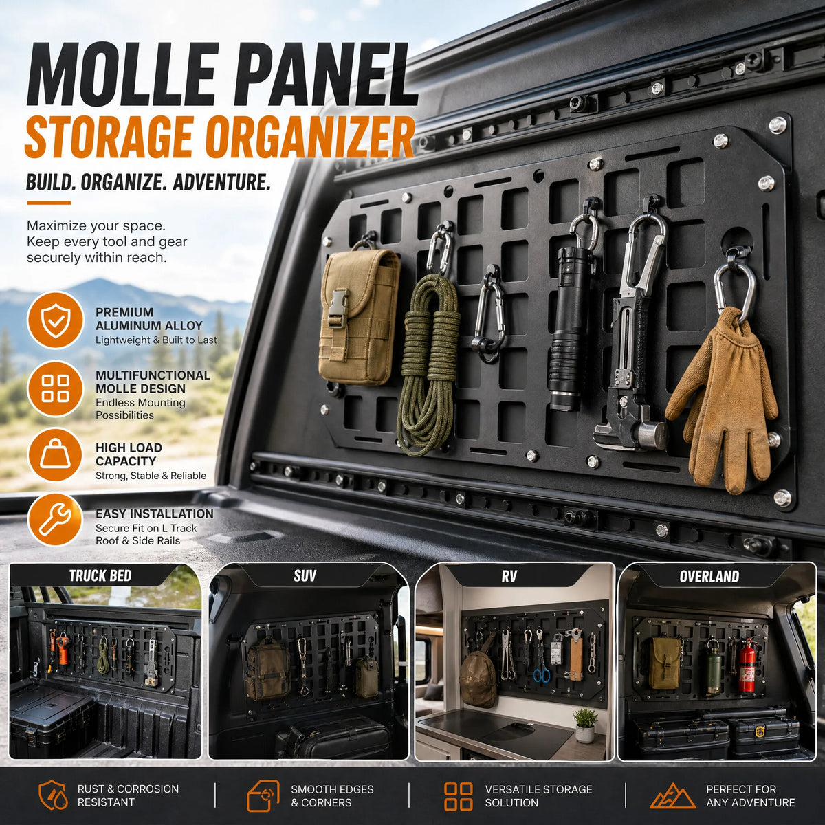 1Pc 3 Sizes Truck Bed Molle Panel Aluminium Alloy Multifunctional L Track Storage Organizer for  - Automotive LED Light