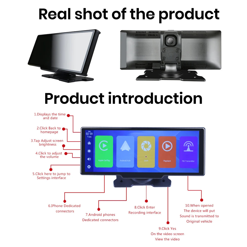 10.26" Portable Car Multimedia Player Wireless CarPlay Android Auto IPS Screen WiFi Bluetooth Voice Control for Universa