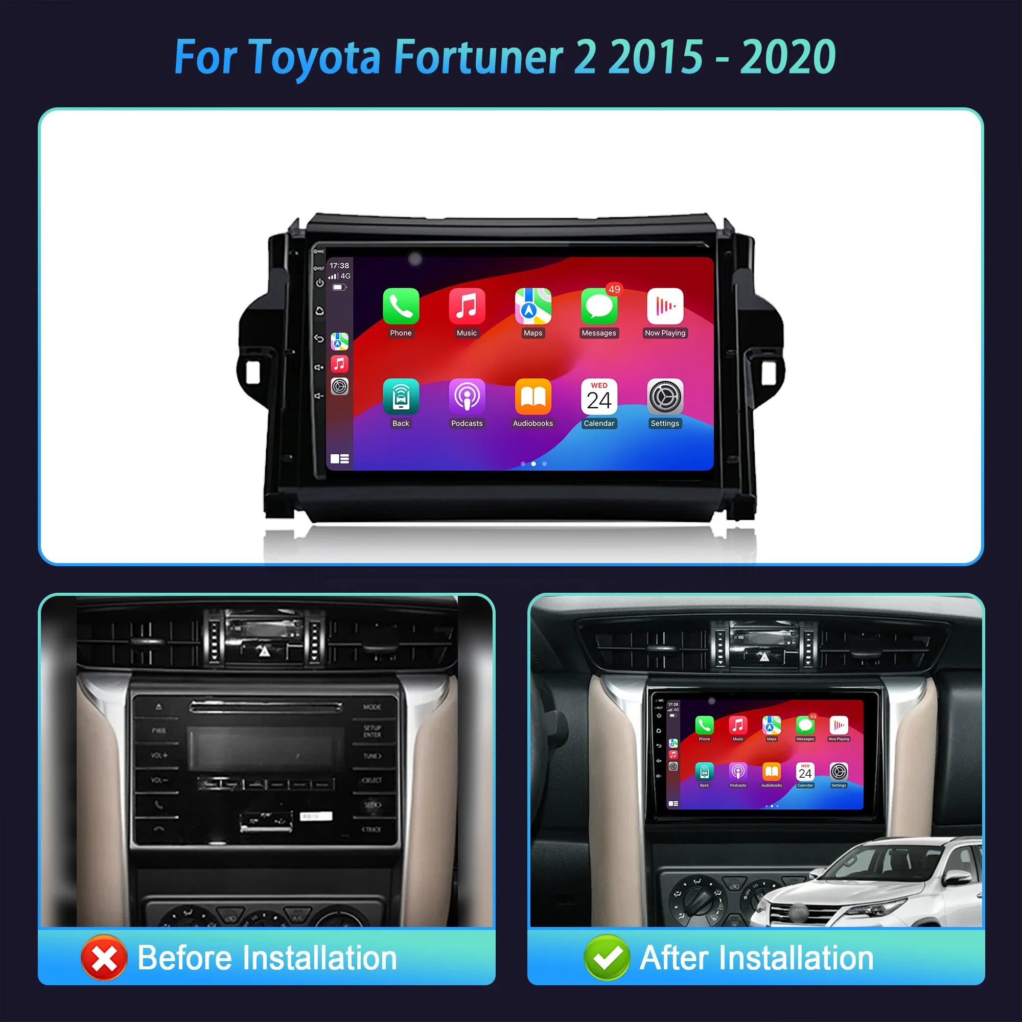 For Toyota Fortuner 2 2015-2020 Android 14 Car Radio Multimedia Navigation Wireless CarPla