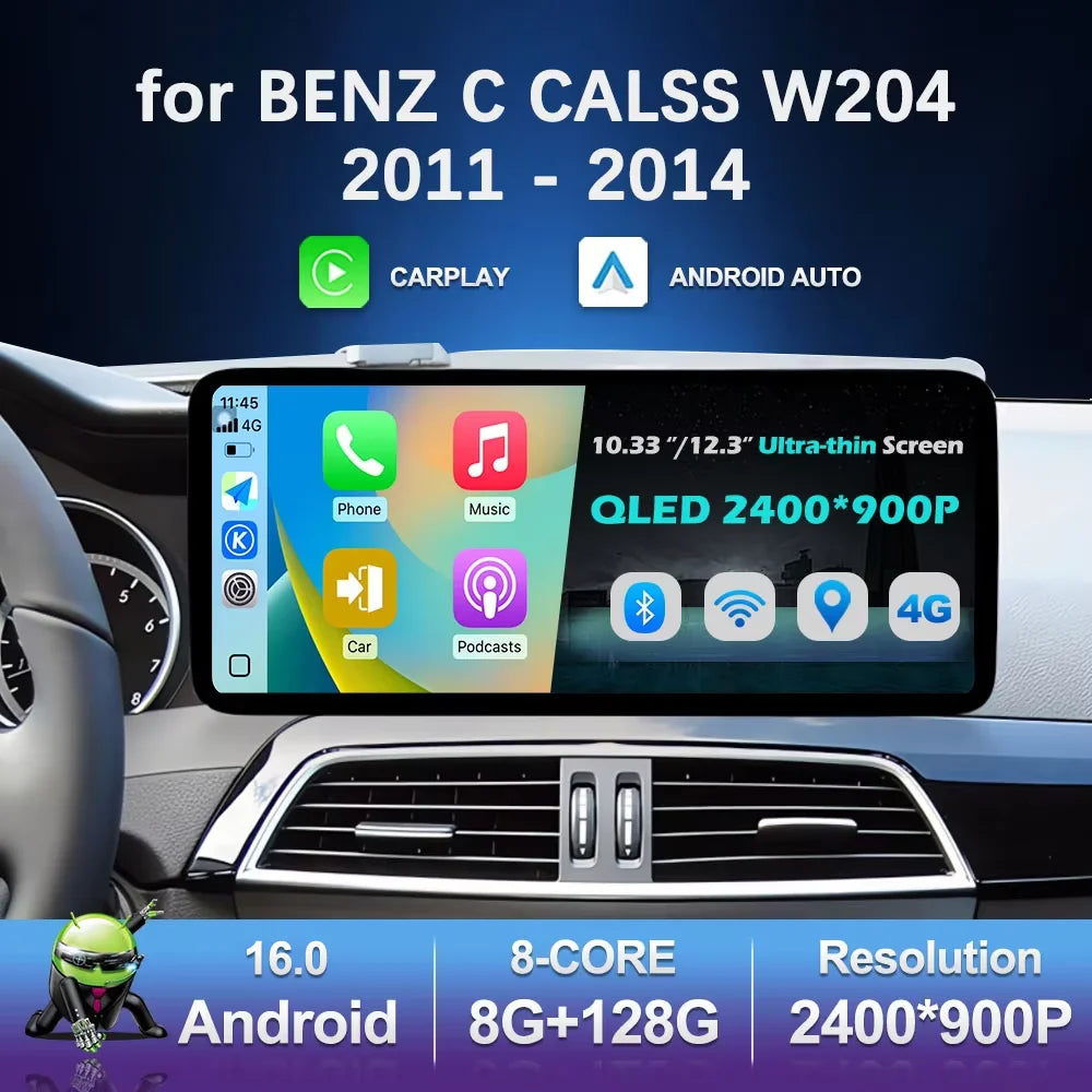 Carplay QLED Ultra-thin Screen Car Multimedia Radio Player for BENZ C CALSS W204 2011 - 20