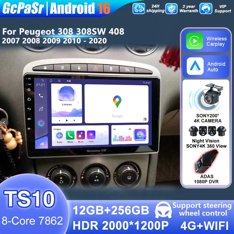 Android 16 Car Radio Carplay For Peugeot 408 For Peugeot 308 308SW 2007 2008 - 2020 Head U