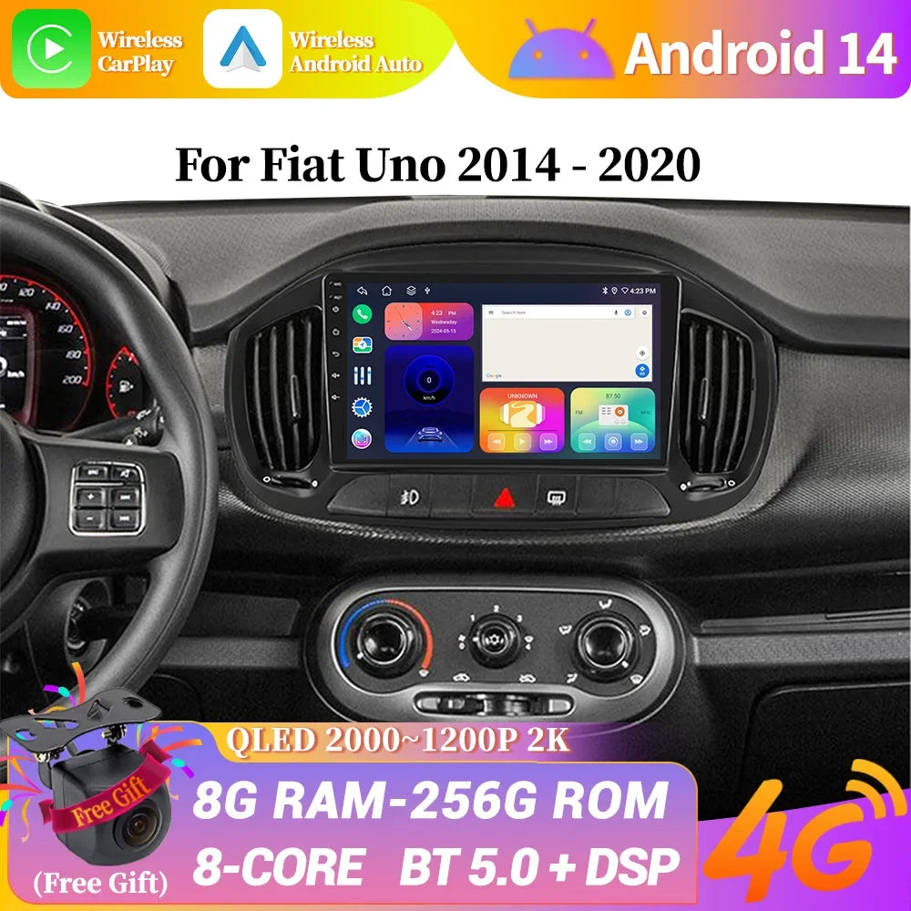 Android 14 For Fiat Uno 2014-2020 Car Radio 4G GPS Wireless Bluetooth Carplay Android Auto