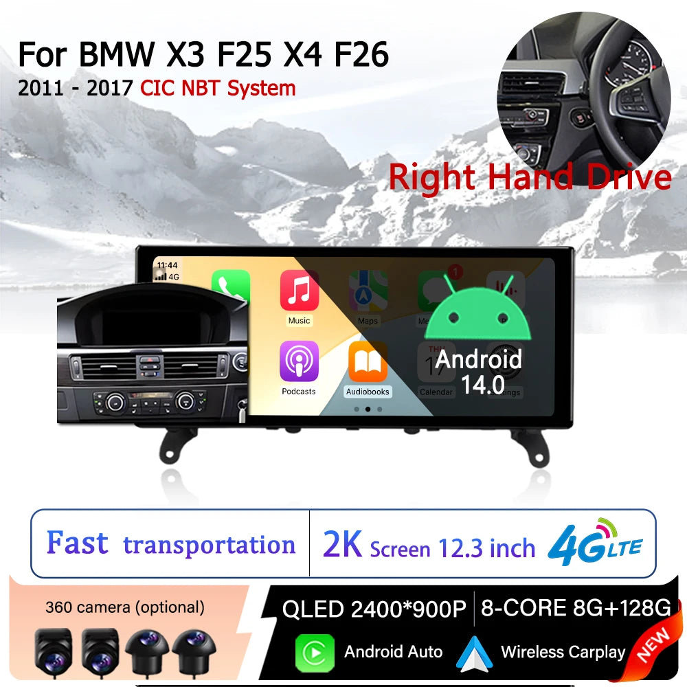 Car Android 14 Right Hand Drive for BMW X3 F25 X4 F26 2011 - 2017 CIC NBT System Carplay M