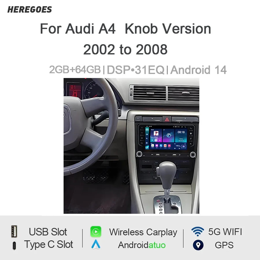 7" Android Car Radio GPS for Audi A4 2002-2008 Knob Version - Wireless CarPlay Android Auto Bluetooth Steering Control