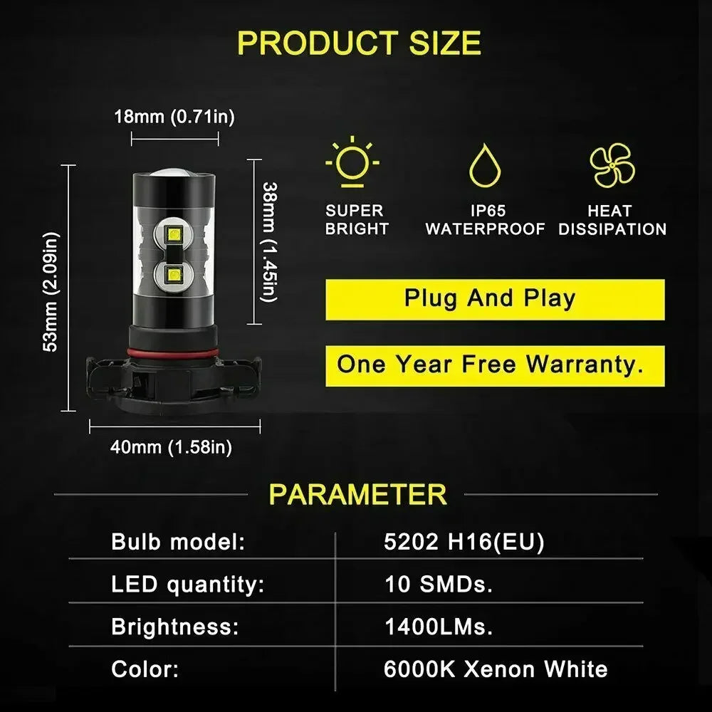 H16 5202 PSX24W Fog Light 6000K White High Power LED Driving Bulb DRL LED Car Headlight 50