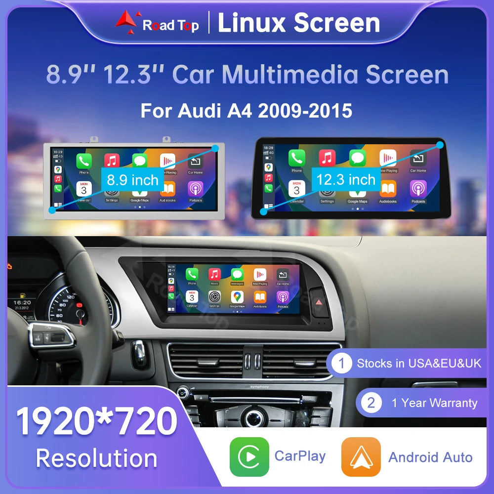 Road Top Radio Multimedia Linux Screen For Audi A4 A5 2009-2015 Wireless CarPlay Android A