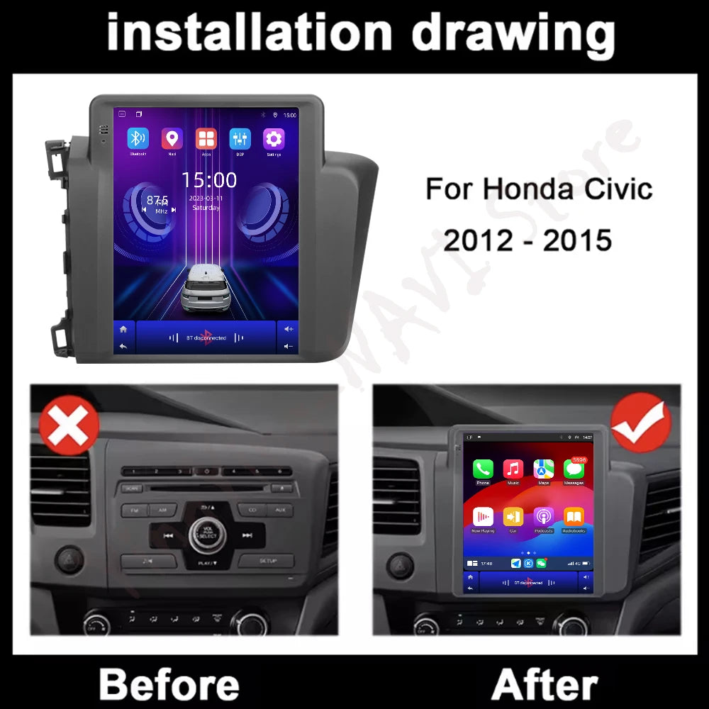 Android 16 for Honda Civic 2012-2015 Car Multimedia Player 4G WlFl Carplay IPS Screen Radi