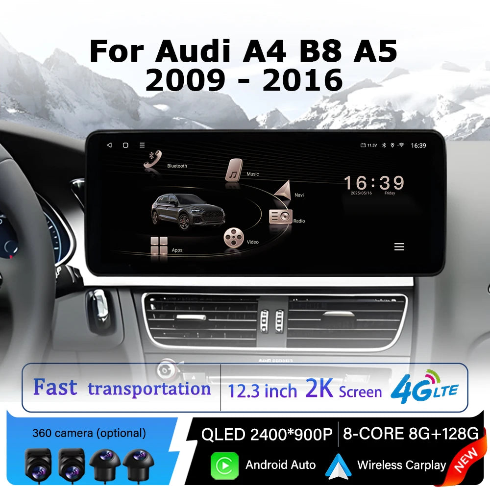QLED 2400*900P Android 14 for Audi A4 B8 A5 2009 - 2016 Car Radio Multimedia Touch Display
