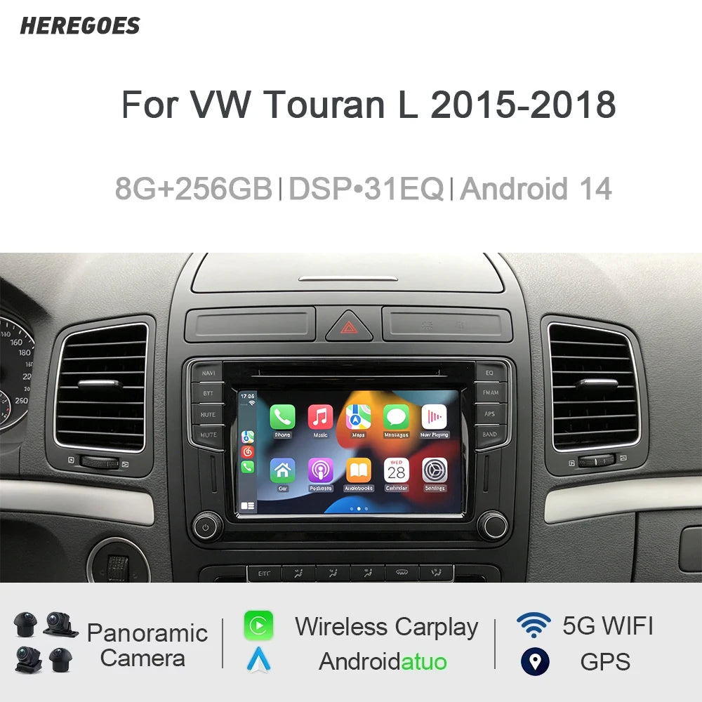 7" Car Radio GPS Android 15 8 Core 12GB RAM 256GB ROM CarPlay DSP Multimedia Player for VW Touran L 2015-2018 - 2K Touch