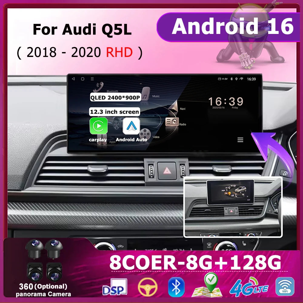 Car Radio Android 16 12.3" For Audi Q5L 2018-2021 RHD Multimedia Video Player DSP Navigati