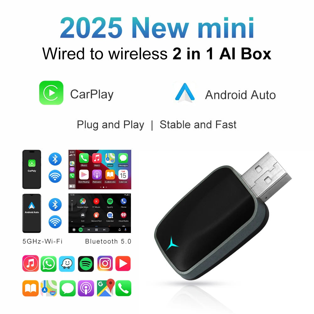 Wireless 2IN1 CarPlay Android Auto Wireless AI Supermini Box Adapter Plug And Play Bluetoo