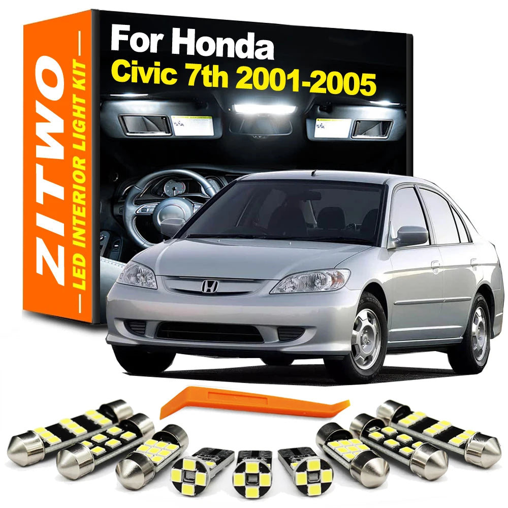 11Pcs LED Interior Dome Map Reading License Plate Light Kit For Honda Civic 7 MK7 7th Gen 2001 2002 2003 2004 2005 Car LED Bulb