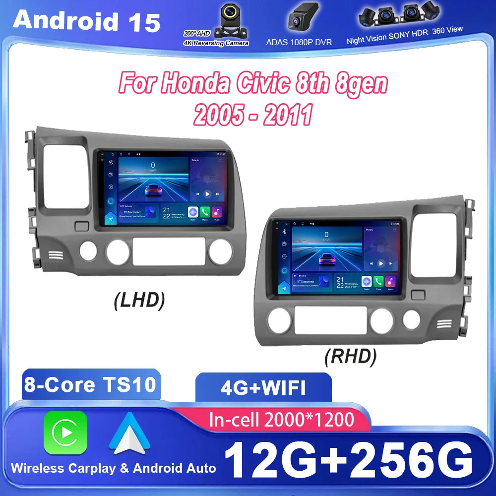 Android 15 For Honda Civic 8th 8gen 2005 2006 2007 2008 2009 2010 2011 Auto Radio Stereo G
