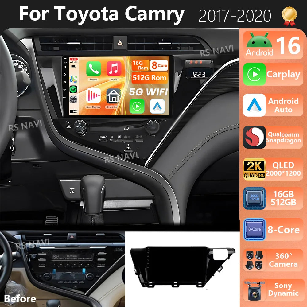 Android 16 Carplay Auto Qualcomm 2K QLED Screen Car Radio Player For Toyota Camry 2017-202