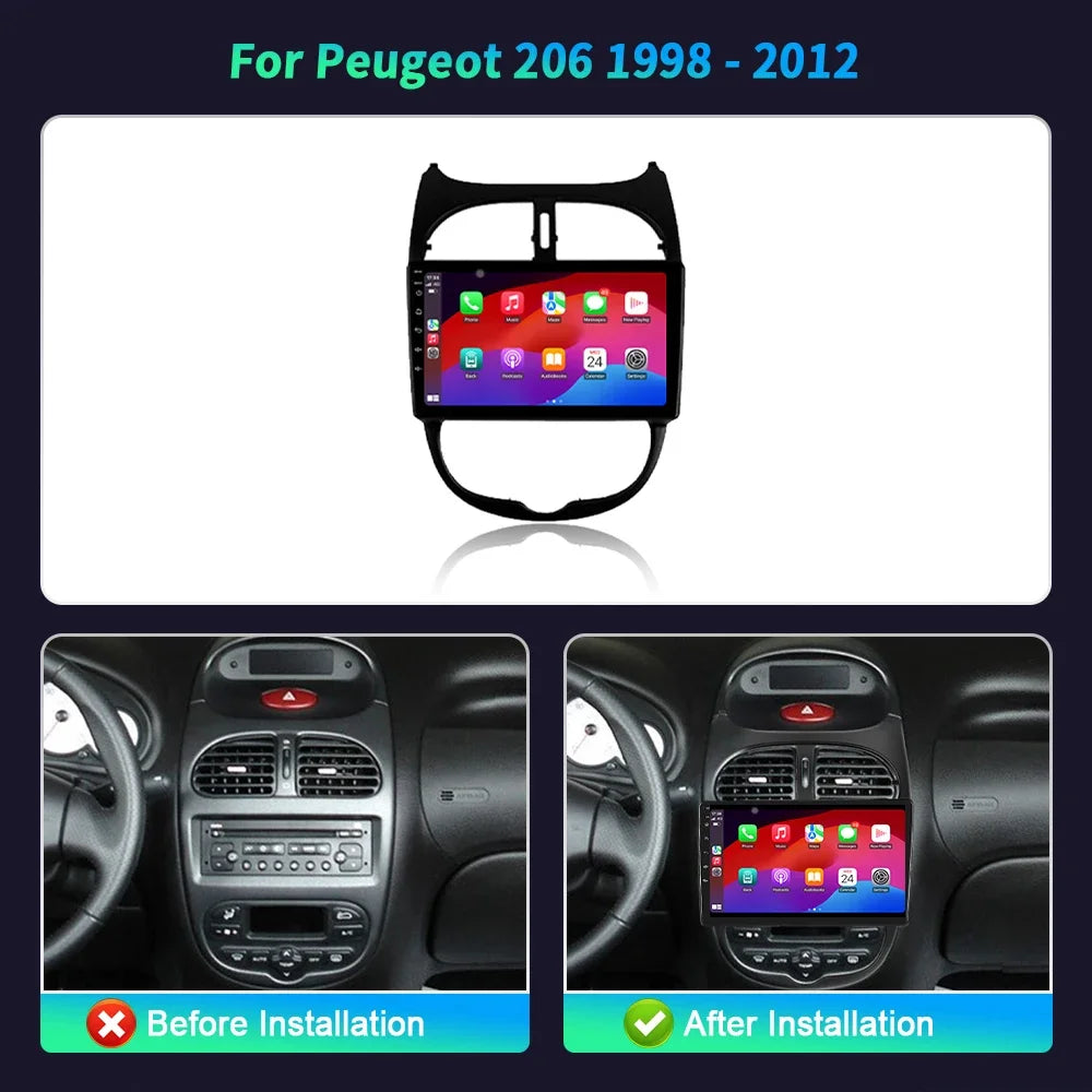9 inch Car Radio Android 16 For Peugeot 206 1998-2012 BT Carplay Multimedia Navigation Hea