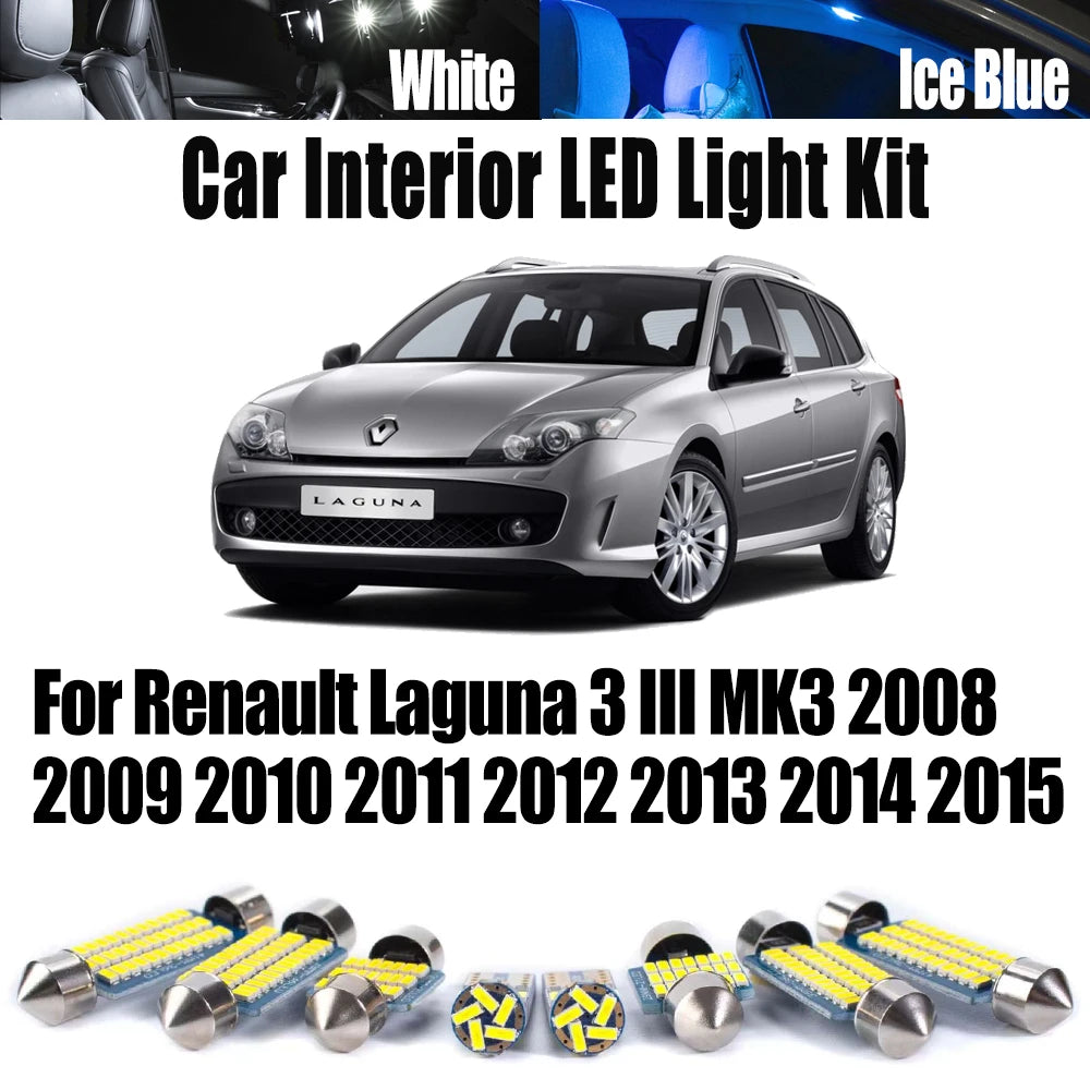 12-Piece LED Interior Light Kit for Renault Laguna 3 III MK3 2008- 2012 - Canbus Dome Map Door Trunk Bulbs | AUTOKITSHOP