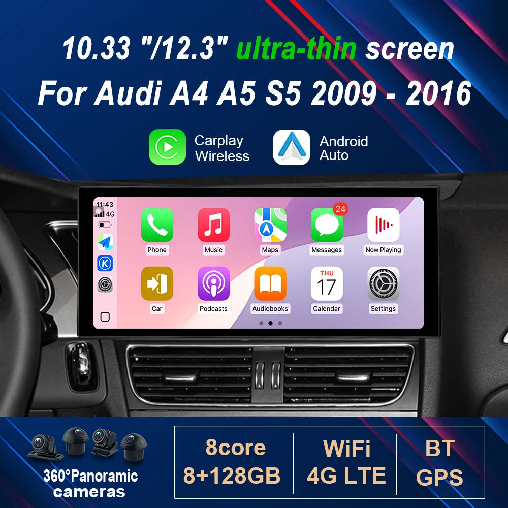 10.33 "/12.3" for Audi A4 A5 S5 2009 - 2016 Wireless Carplay HD Touch Screen Android 14 Ca