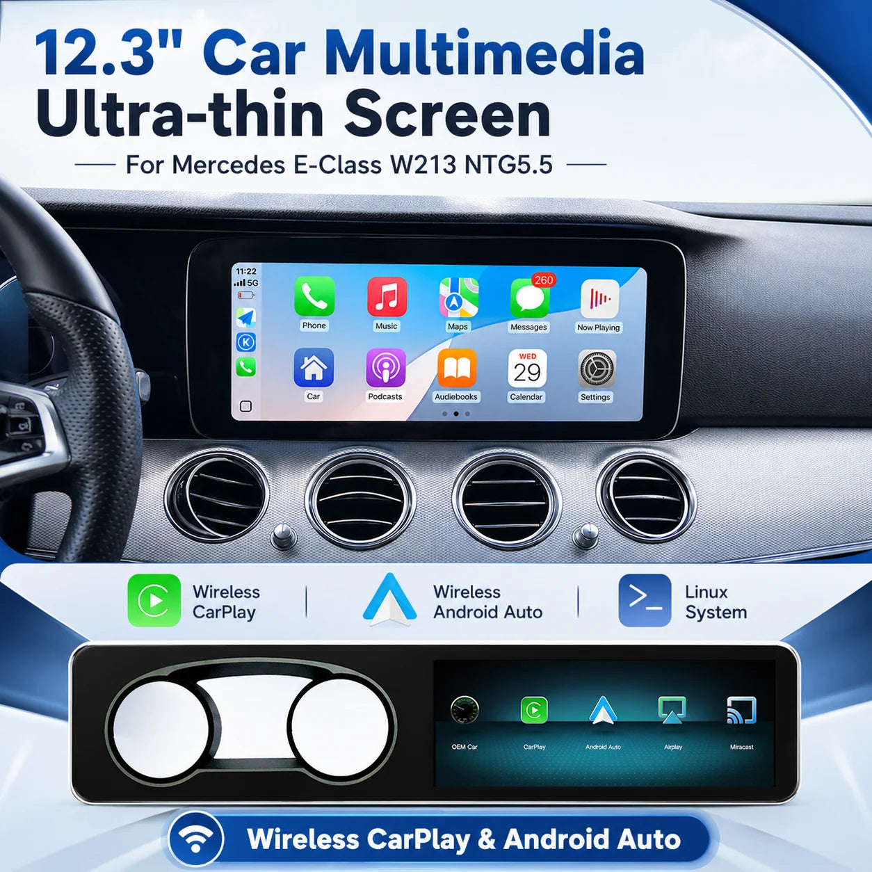 12.3"Screen Wireless CarPlay Android Auto Multimedia Player For Mercedes Benz E Class E200 | AUTOKITSHOP