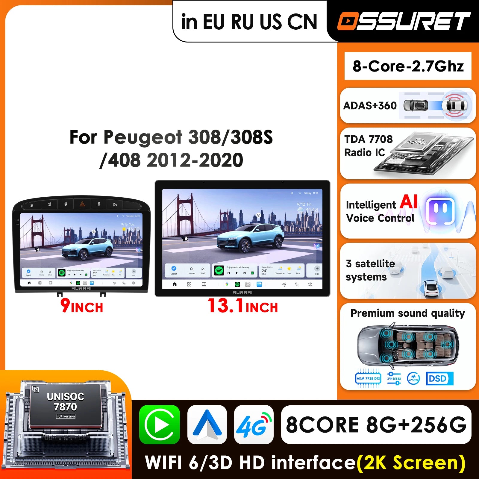 9" 2K Car Radio GPS for Peugeot 408 308 308SW 2010-2020 - Carplay Android Auto Autoradio Video Monitor
