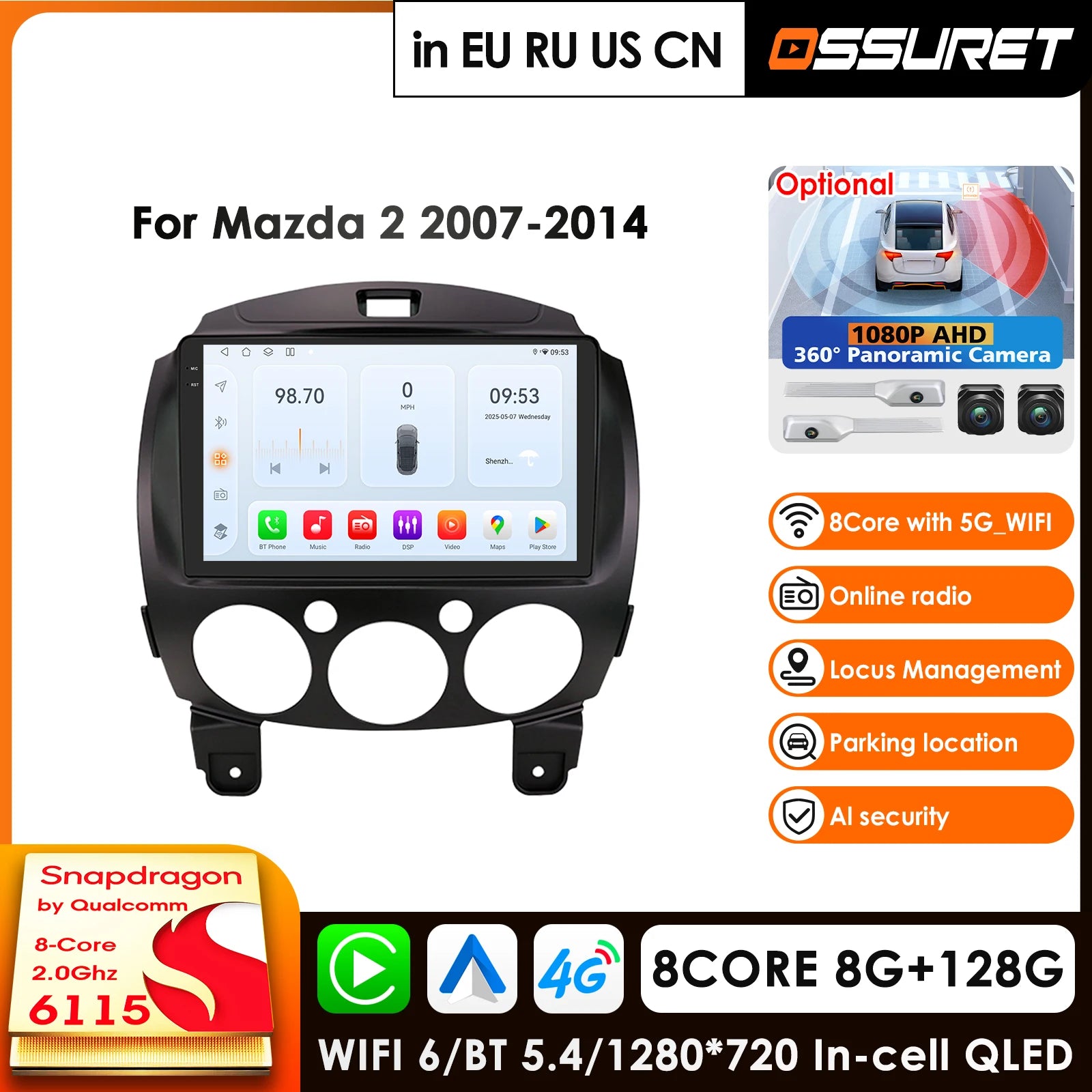 2 Din Car Radio GPS for MAZDA 2 Mazda2 2007-2014 - CarPlay Android Auto Bluetooth WiFi RDS Autoradio AI 8Core 360° Panor