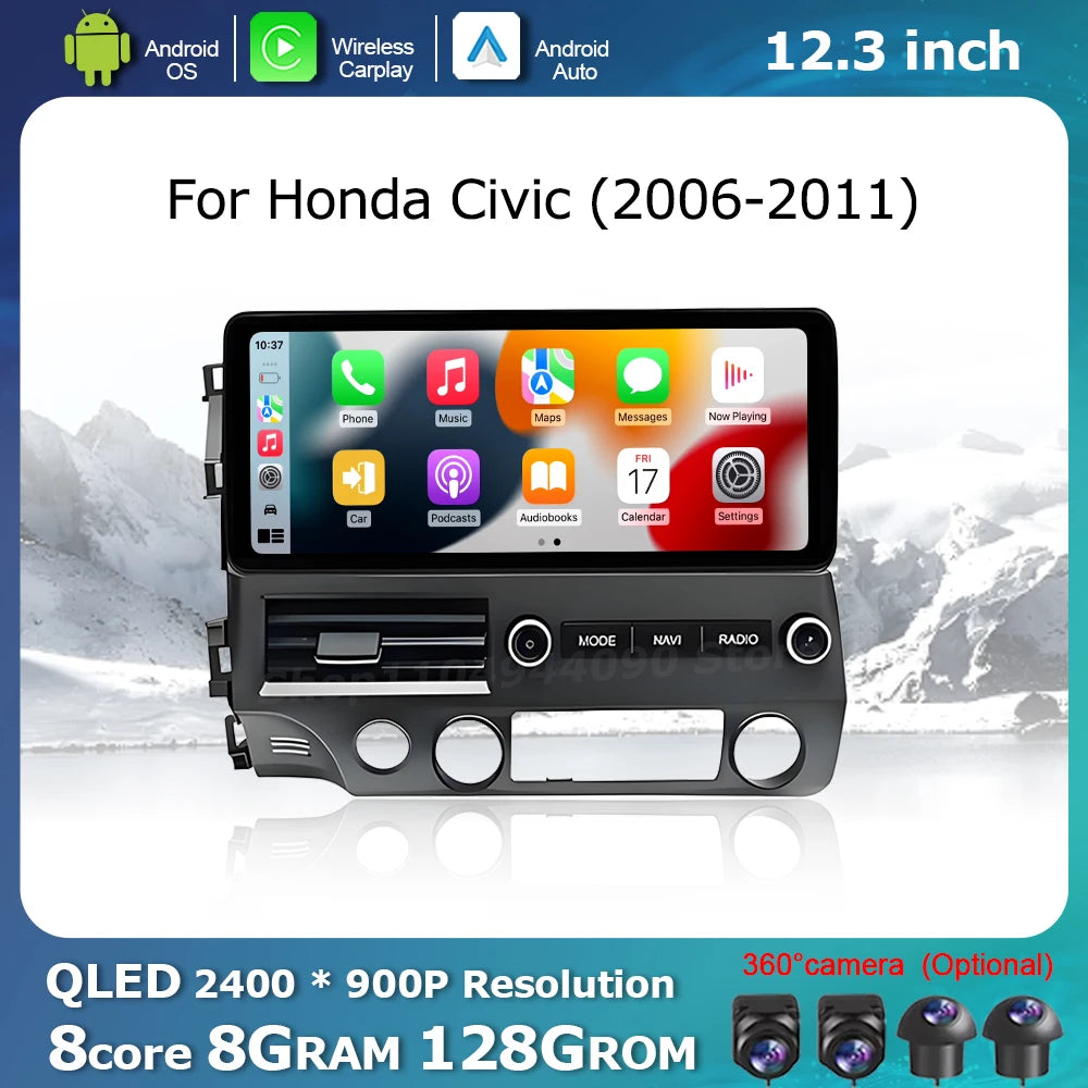 QLED 2400 * 900P Display Screen for Honda Civic 2006-2011 Wireless Carplay Android OS Car