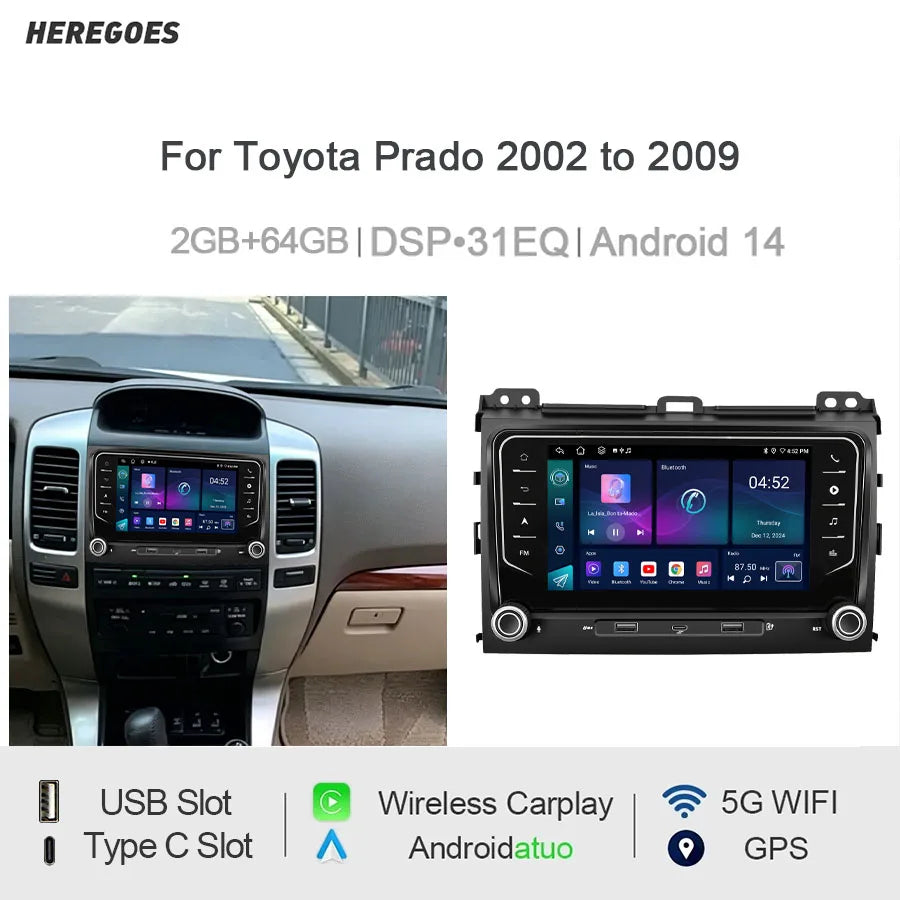 7“Android Car Radio For Toyota Prado 2002 to 2009 Wireless CarPlay Android Auto GPS Nav Bl