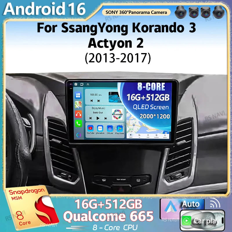 Android 16 For SsangYong Korando 3 Actyon 2 2013 - 2017 2K QLED Stereo Car Radio Multimedi