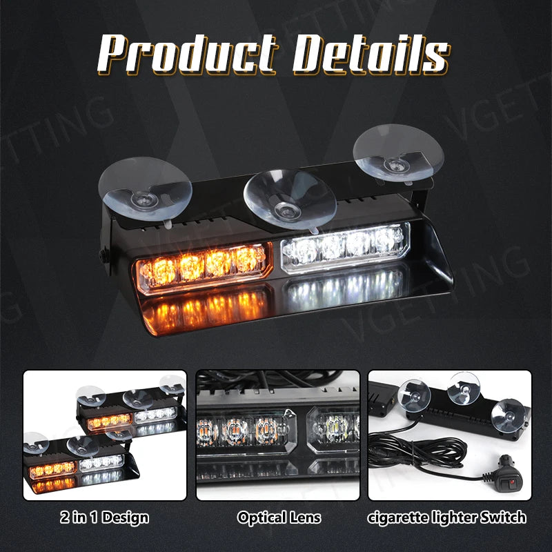 2-in-1 LED Car Strobe Lights For Emergency Flash Warning Lamp Windshield Bar 16 Beads Red  | AUTOKITSHOP