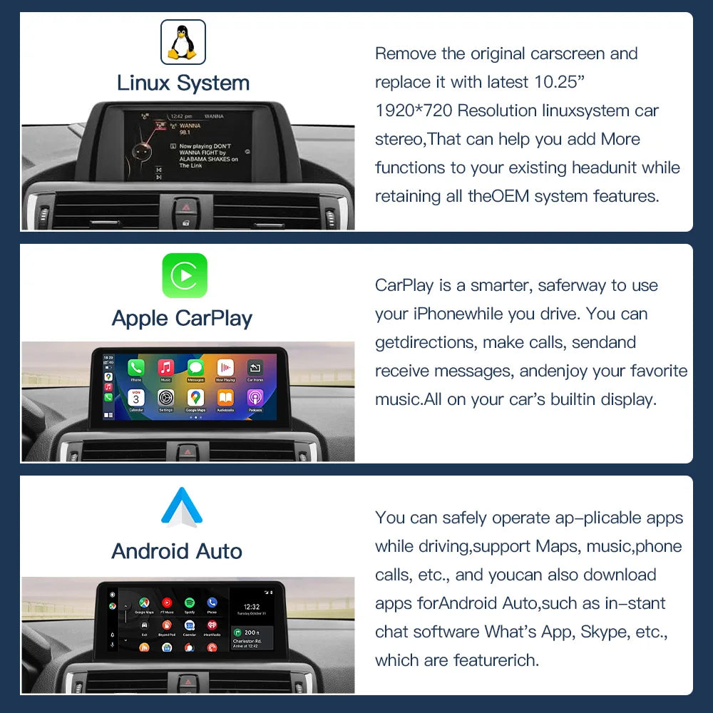 Wireless Carplay Android Auto Car monitor Multimedia for BMW1 2 3 4 5 Series F10/F11/F20/F