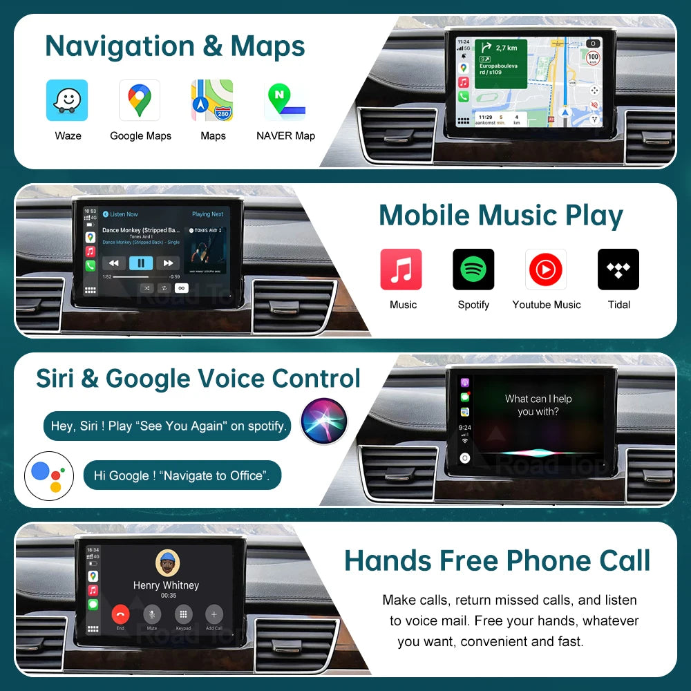 RoadTop Linux Wireless CarPlay Android Auto Interface for Audi A8 2012-2018 3G MMI with Mi
