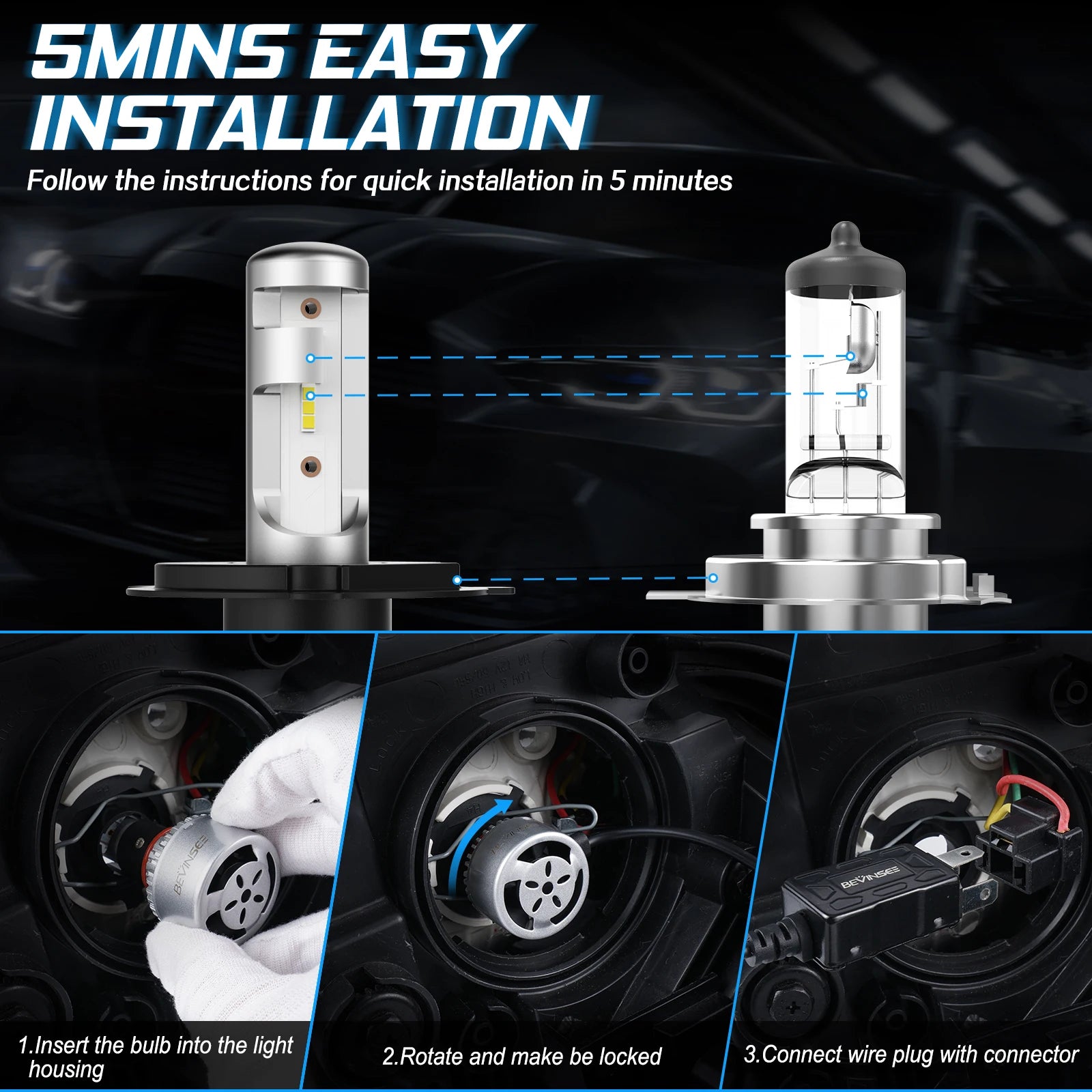 BEVINSEE H7 LED Bulbs 60W 8000LM H4 9003 HB2 High and Low Beam LED Headlight Bulb 9005 HB3