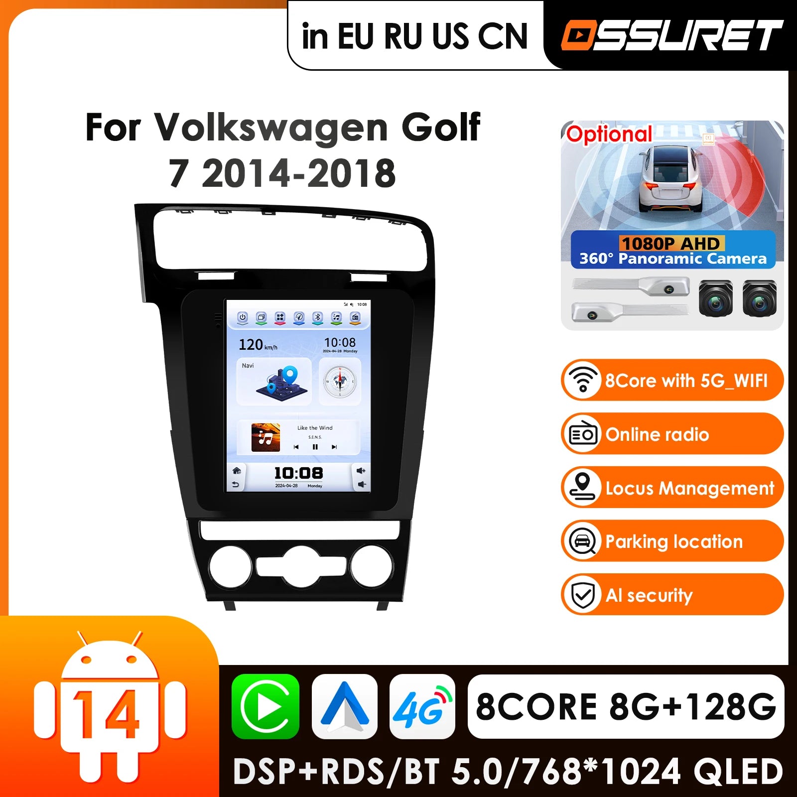 9.7" Car Radio GPS Android 14 360 Cam Carplay for Volkswagen Golf 7 Stereo WiFi FM Audio Receiver Multimedia Player - 4G