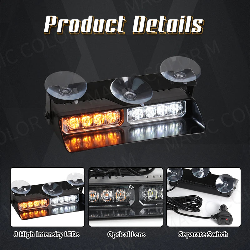 LED Car Strobe Light For Emergency Flash Warning Lamp Windshield Bar 8 Beads Red Blue Ambe | AUTOKITSHOP