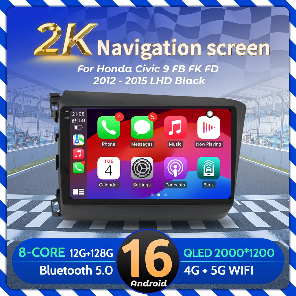 9"Car Radio Android 16 For Honda Civic 9 FB FK FD 2012-2015 LHD Black BT Carplay Multimedi