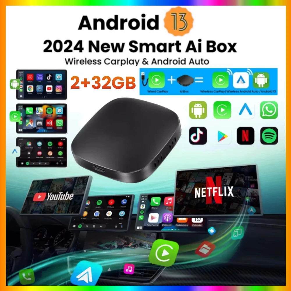 2+32G Ai Box Android 13 Wireless Android Auto & CarPlay Support Youtube Netflix Car Access | AUTOKITSHOP