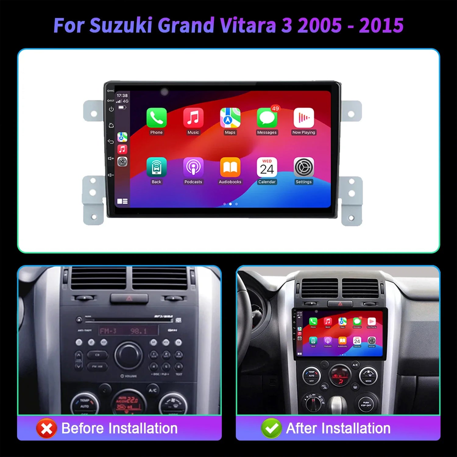 For Suzuki Grand Vitara 3 2005-2015 Car Radio Multimedia Android 14 CarPlay Navigation 786