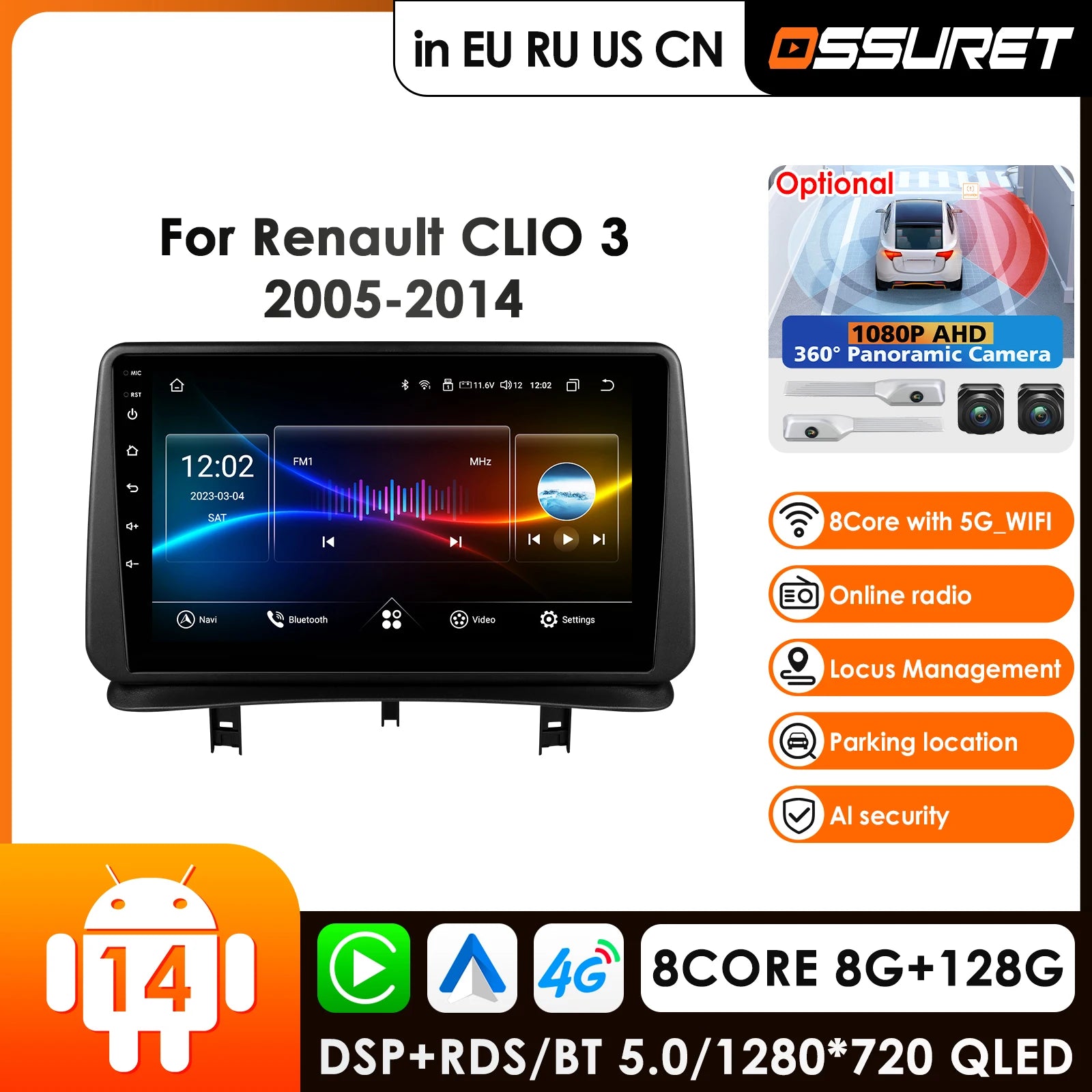 12.3" Car Radio GPS for Renault CLIO 3 2005-2014 Android 2din Multimedia Video Carplay Auto 4G Autoradio RDS - Touchscre
