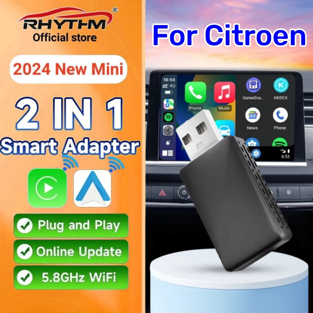 2024 NEW Mini 2in1 Ai Box Rhythm Wireless Carplay Adapter Android Auto Wireless For Citroe | AUTOKITSHOP
