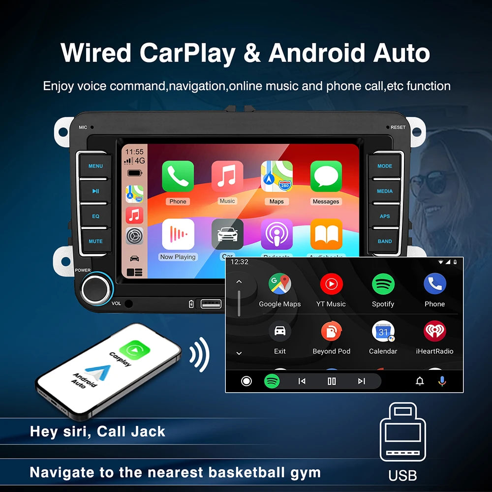 2 Din HD Car Media Video RDS Airplay Car Radio CarPlay Android Auto Stereo Audio For Volks