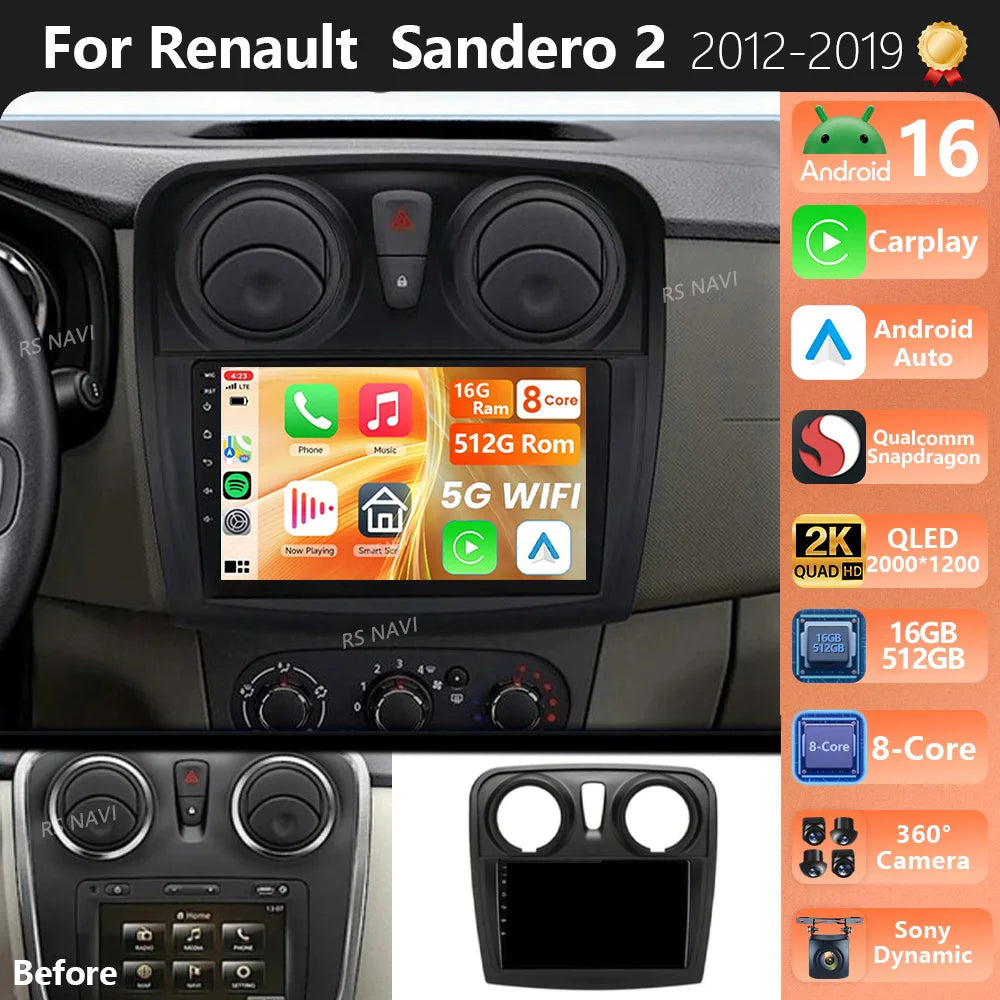 Plug and Play Android 16 2K QLED For Renault Sandero Logan 2 2014 - 2019 Car Radio Multime