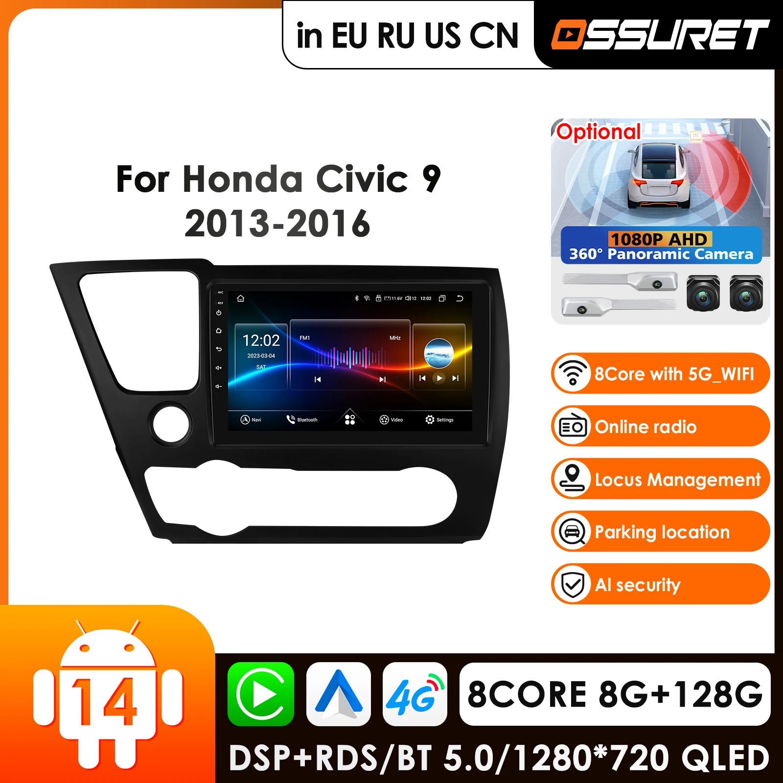 9'' Carplay 4G AI Android 14 Car Radio GPS for Honda Civic 2013-2016 - Multimedia Video Player with DVR