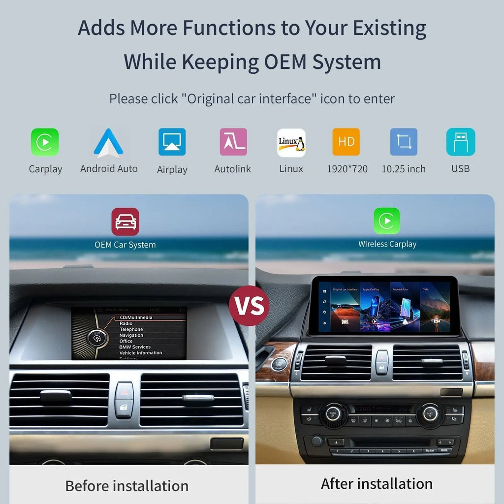 10.25" Wireless CarPlay Android Auto Multimedia Display Touch Screen For BMW X5 E70 X6 E71 | AUTOKITSHOP