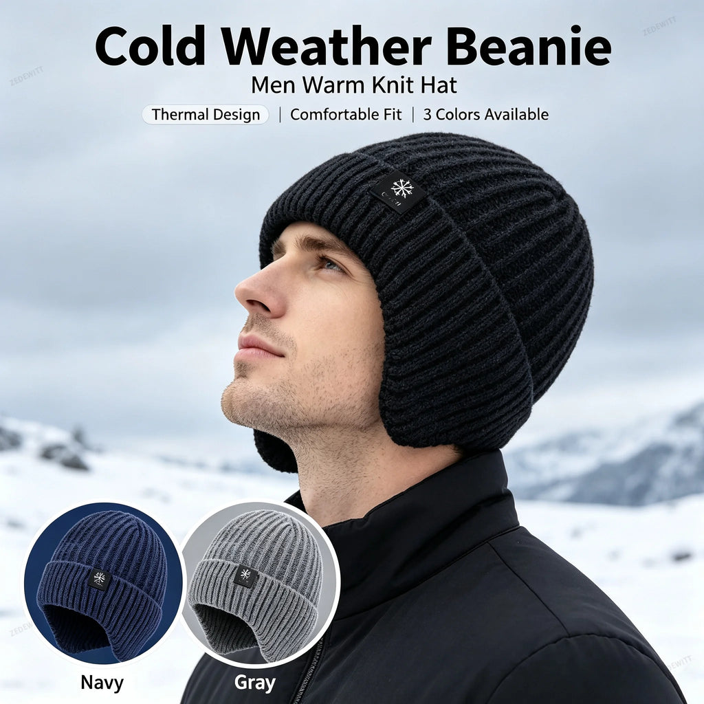 Faux Fur Lined Winter Knitted Hat Men Thick Soft Plush Warm Peaked Cap Ear Protection Earmuff Ou - Automotive LED Light