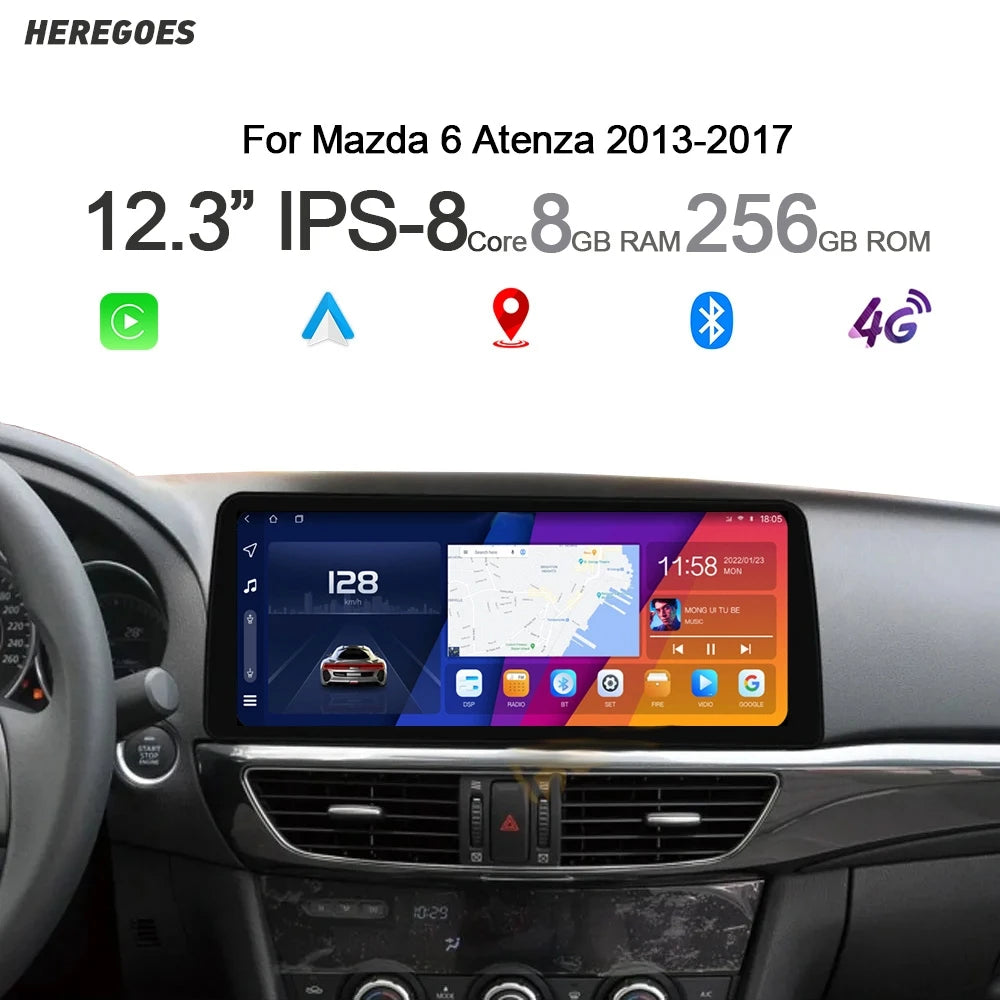 12.3" Wireless CarPlay Android 14 Car Radio GPS Navigation Stereo 256G WiFi Bluetooth for Mazda 6 Atenza 2012-2017 - Mul