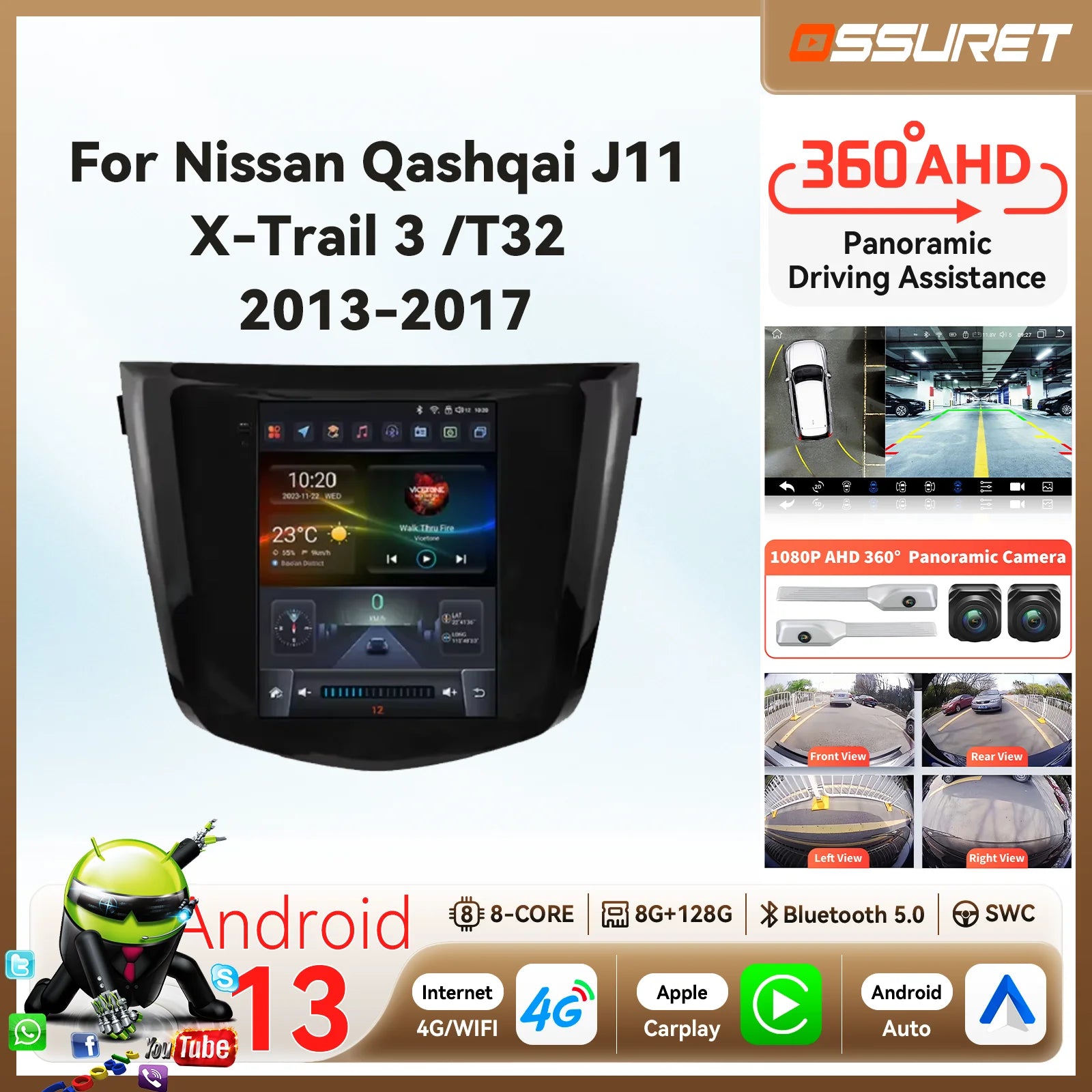 9.7"Carplay Android 14 Autoradio For Nissan Qashqai J11 / X-Trail 3 T32 2013-2017 multimed