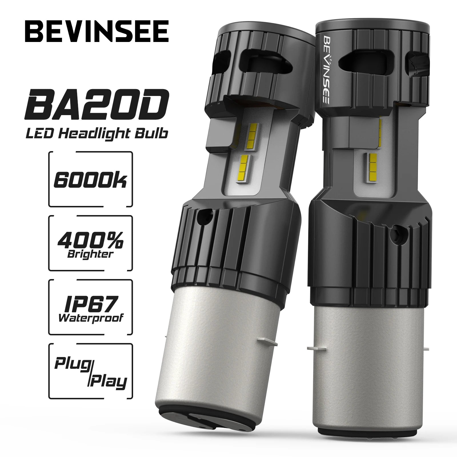 BEVINSEE BA20D H6 LED Motorcycle Light Bulb High&Low Beam Halogen Size 50W Headlamp For Mo