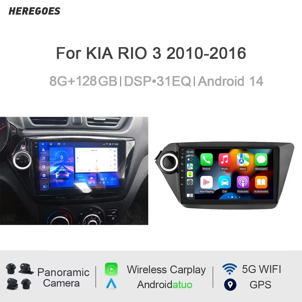 12.3" QLED 720P Car Radio GPS Android 14.0 8G+128G Carplay Multimedia 2 Din For KIA RIO 3 2010-2016 - Support Wifi & 4G