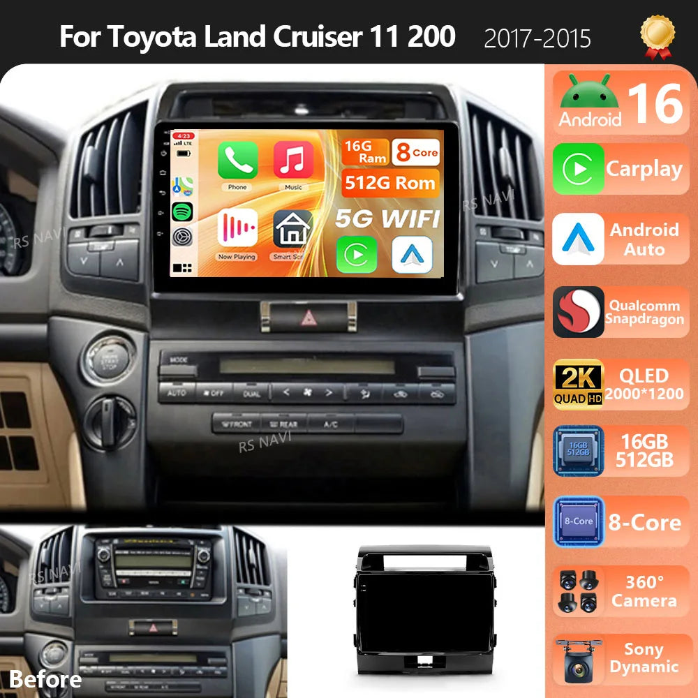 Android 16 Carplay Auto Qualcomm 2K QLED Screen Car Radio Player For Toyota Land Cruiser 1
