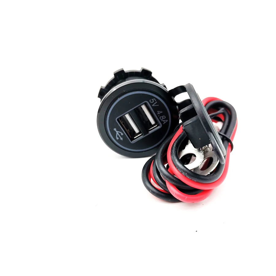 Dual Port 2.4A USB Power Charger Blue LED w/ Wire Fuse for Motorcycle ATV Boat