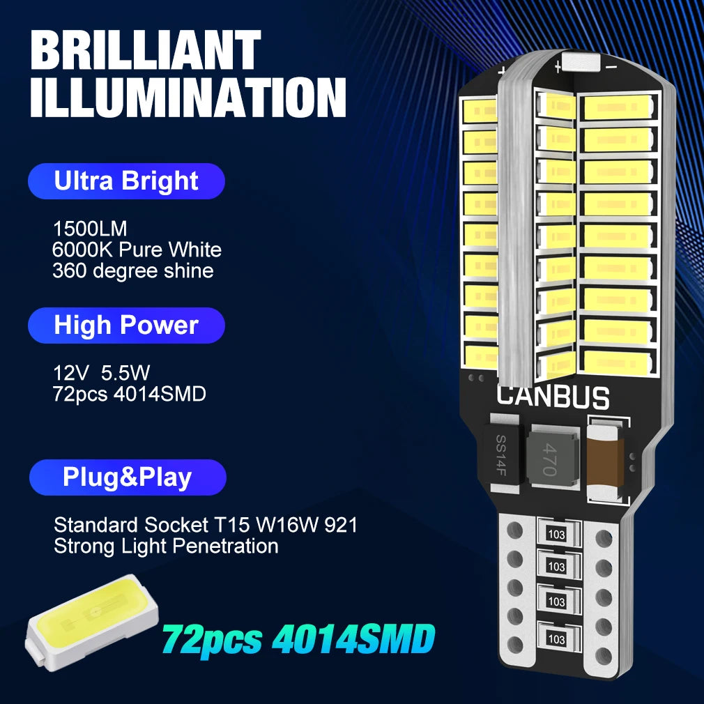 2-Piece LED Interior Light Kit for W16W T16 T15 - Canbus Error-Free Interior Bulbs